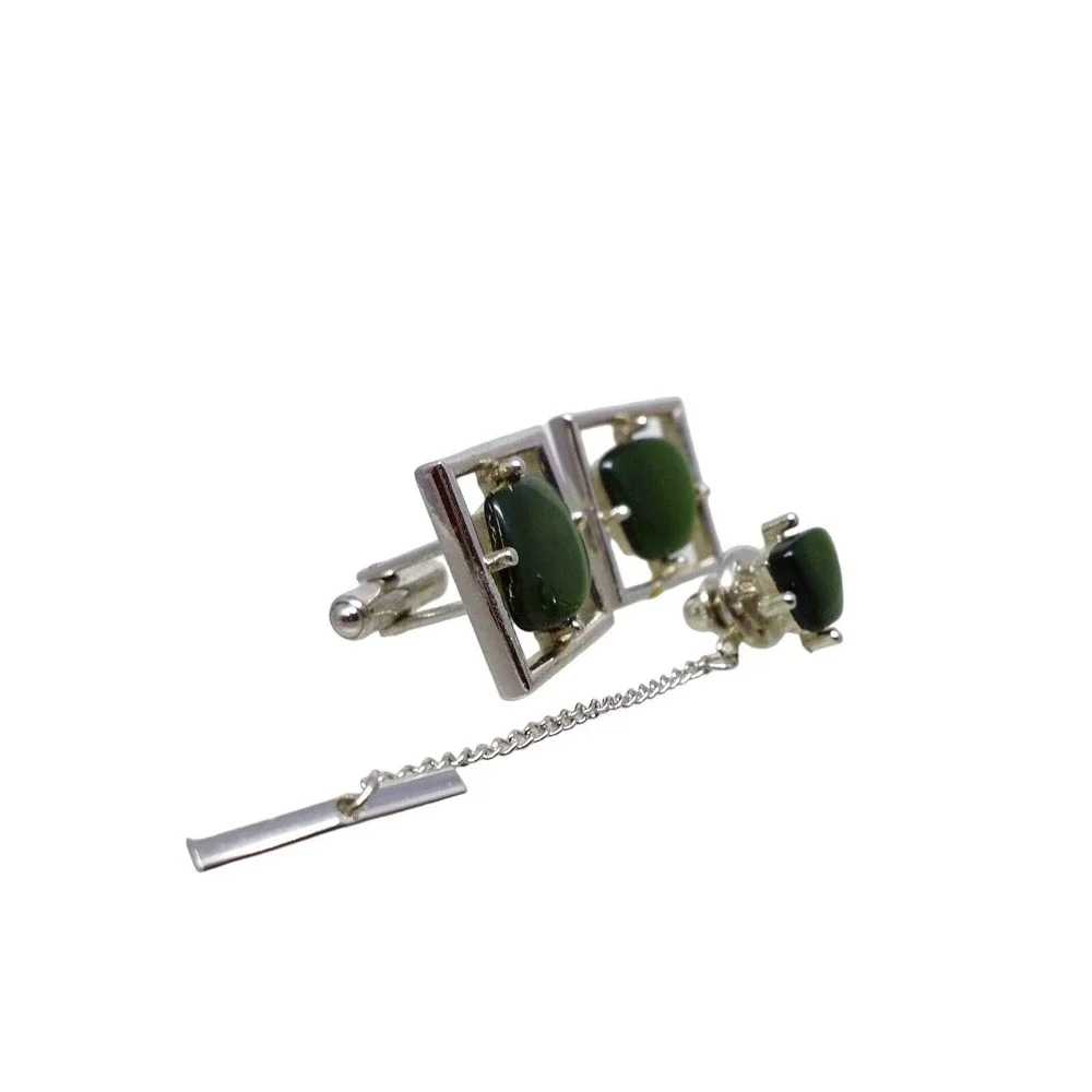 Green Lucite Square Cufflinks Tie Tack Sarah Coventry Pin New Yorker Silver MCM